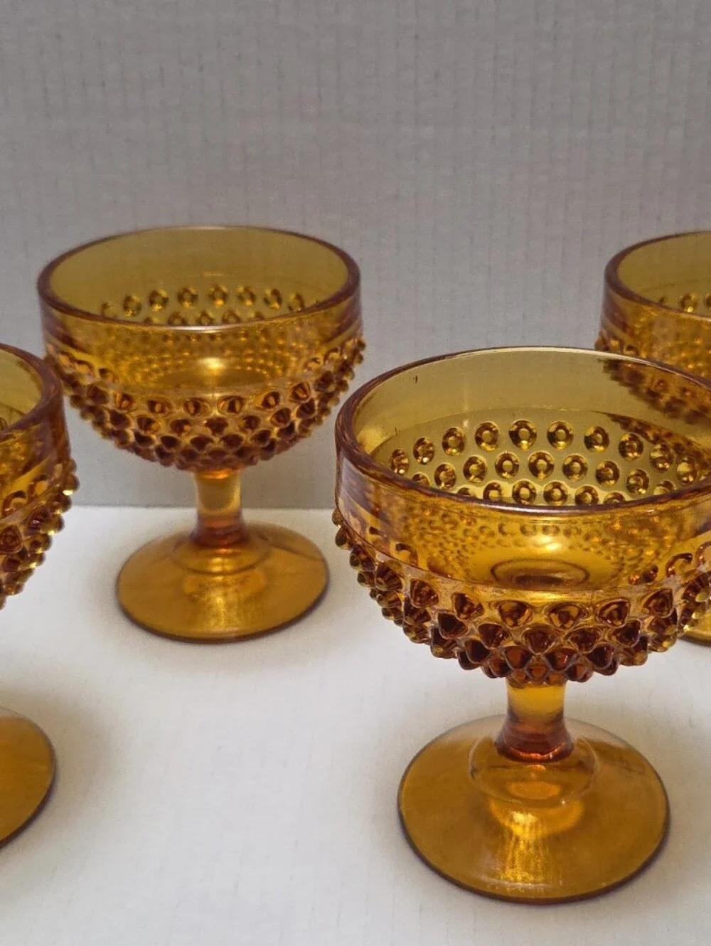 Amber Hobnail Glass Compote Dessert Stems - Set of 4